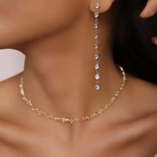 CONJUNTO ZIRCONIA PONTO DE LUZ TRES PONTAS BRINCO FRANJA COM CHOKER 30CM