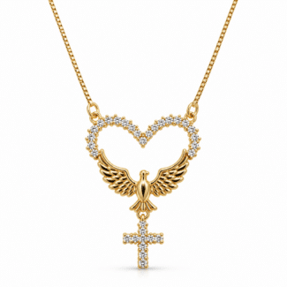 GARGANTILHA ZIRCONIA CORACAO CRAVEJADO COM ESPIRITO SANTO LISO E CRUZ PENDURADA 45CM
