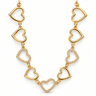 GARGANTILHA ZIRCONIA CHOKER TRES CORACOES CRAVEJADOS E DOZE LISOS 30CM
