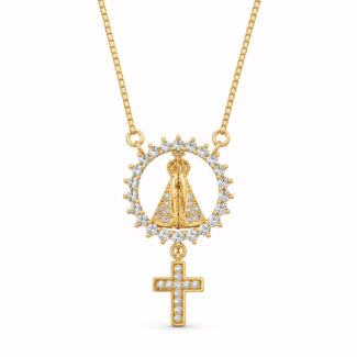 GARGANTILHA ZIRCONIA REDONDO COM A NOSSA SENHORA DENTRO E CRUZ PENDURADA 40CM