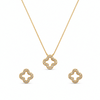 CONJUNTO ZIRCONIA FLOR PP QUATRO PETALAS VAZADAS CRAVEJADAS 40CM