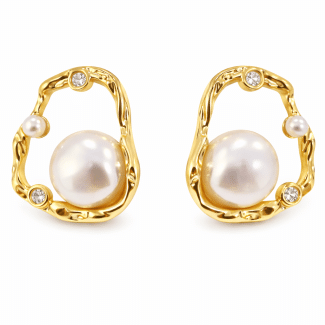 BRINCO PEROLA COM A BORDA ONDULADA E VAZADA E DOIS PONTO DE LUZ