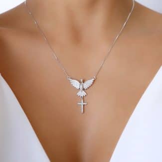 GARGANTILHA ZIRCONIA ESPIRITO SANTO COM A CRUZ PENDURADA 40CM