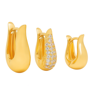 BRINCO ZIRCONIA TRIO COM GOTAS CURVADAS LISAS E UMA CRAVEJADA