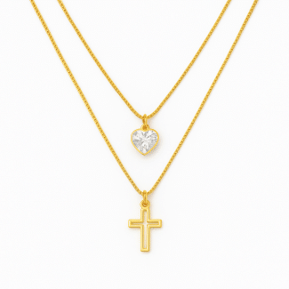 GARGANTILHA ZIRCONIA DUPLA CORACAO E CRUZ 40CM