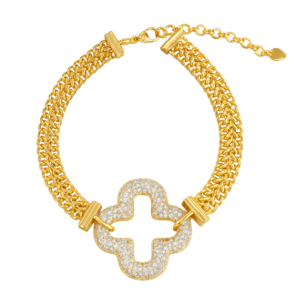 PULSEIRA ZIRCONIA COM TREVO VAZADO E CRAVEJADO E ELOS LISOS