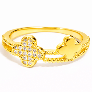 ANEL ZIRCONIA COM UMA FLOR LISA E A OUTRA CRAVEJADA