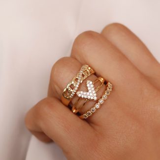 ANEL ZIRCONIA TRIO ELOS E CORACAO E BOLINHAS CRAVEJADAS