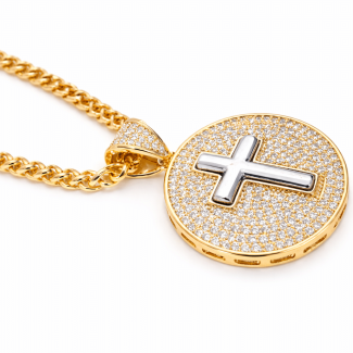 GARGANTILHA ZIRCONIA MEDALHA COM CRUZ DENTRO RÓDIO BRANCO E CORRENTE LISA ENTRELACADA 40CM