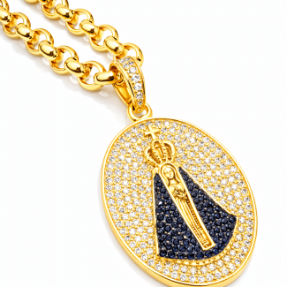 GARGANTILHA ZIRCONIA NOSSA SENHORA COM A MEDALHA CRAVEJADA E ELOS LISOS 40CM