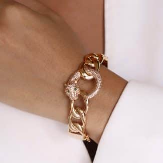 BRACELETE ZIRCONIA PANTERA CRAVEJADA E ELOS LISOS