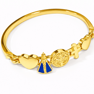 BRACELETE RESINA COM NOSSA SENHORA SAO BENTO E CORACAO E CRUZ