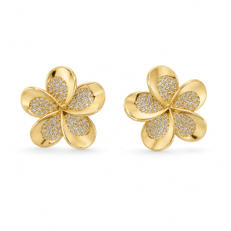 BRINCO ZIRCONIA FLOR COM PETALAS LISAS E CRAVEJADAS