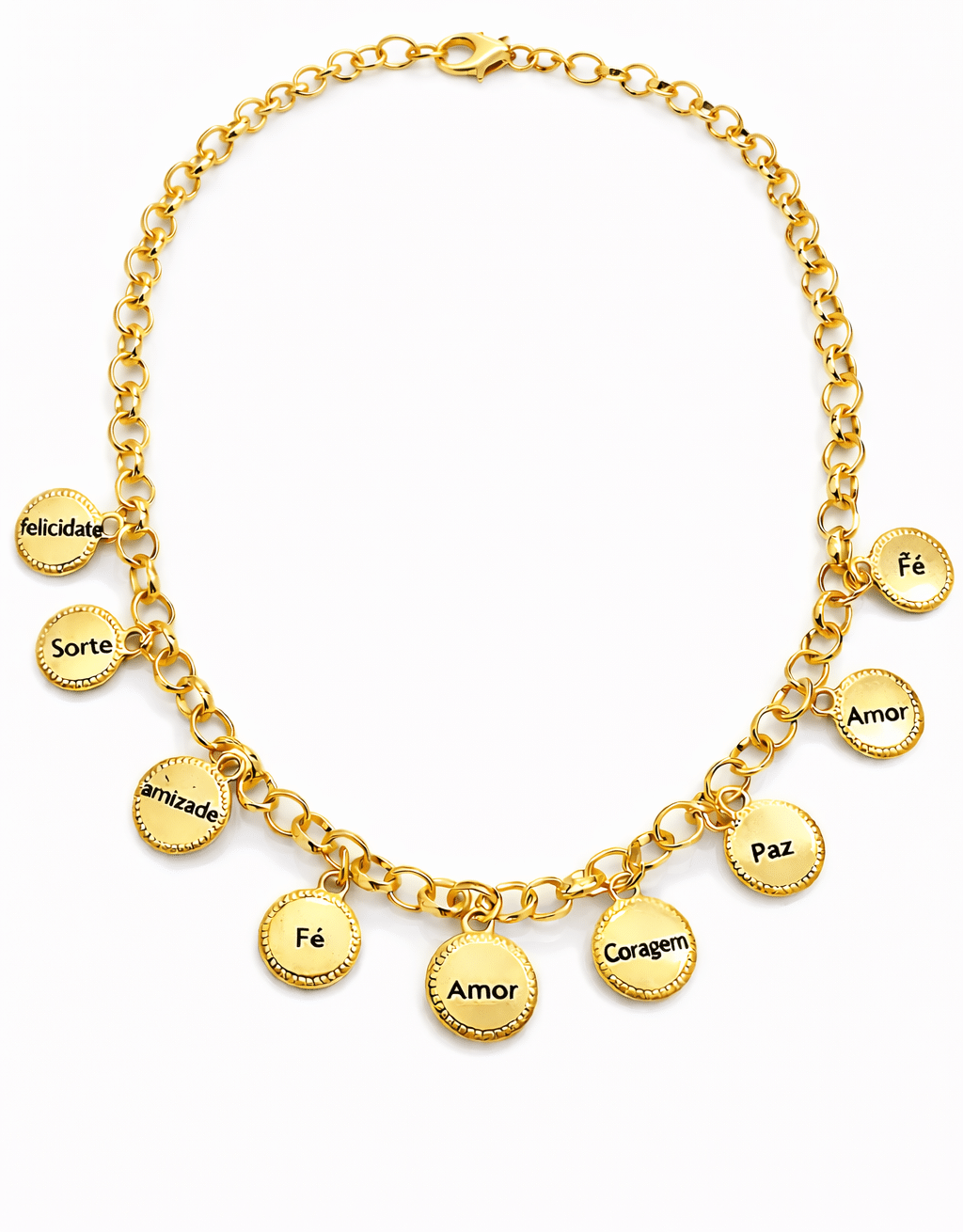 Colar de medalhões com palavras positivas