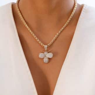 GARGANTILHA ZIRCONIA ABELHA TODA CRAVEJADA E CORRENTE LISA ENTRELAÇADA 40CM