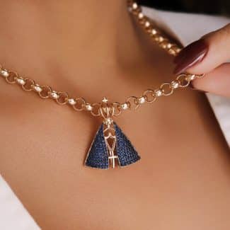 GARGANTILHA ZIRCONIA NOSSA SENHORA DUPLA FACE TODA CRAVEJADA E CORRENTE ELO PORTUGUES