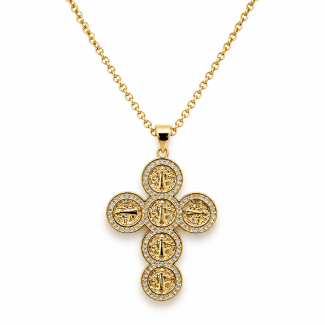 GARGANTILHA ZIRCONIA COM SEIS MEDALHAS SAO BENTO COM FORMATO DE CRUZ 45CM