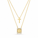 GARGANTILHA ZIRCONIA DUPLA ESCRITO DEUS E FIEL CRAVEJADO EM VOLTA E CRUZ LISA 40CM