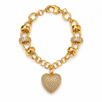 PULSEIRA ZIRCONIA COM ELOS FORMATOS DIFERENTES E CORACAO CRAVEJADO