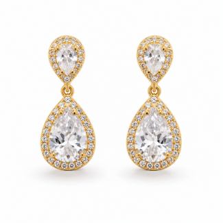 BRINCO CRISTAL DUAS GOTAS TAMANHOS DIFERENTES E ZIRCONIA EM VOLTA DOURADO