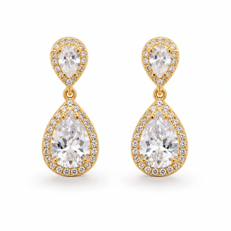 BRINCO CRISTAL DUAS GOTAS TAMANHOS DIFERENTES E ZIRCONIA EM VOLTA DOURADO