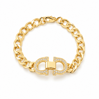 PULSEIRA ZIRCONIAS COM DUAS FERRADURAS CRAVEJADAS E ELOS DOURADO